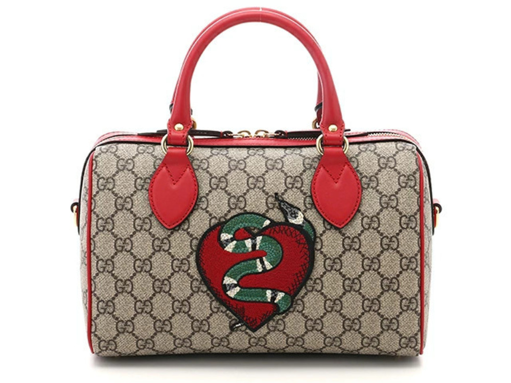 Gucci Boston Bag Embroidery GG Supreme Canvas Calfskin Beige Cream Red